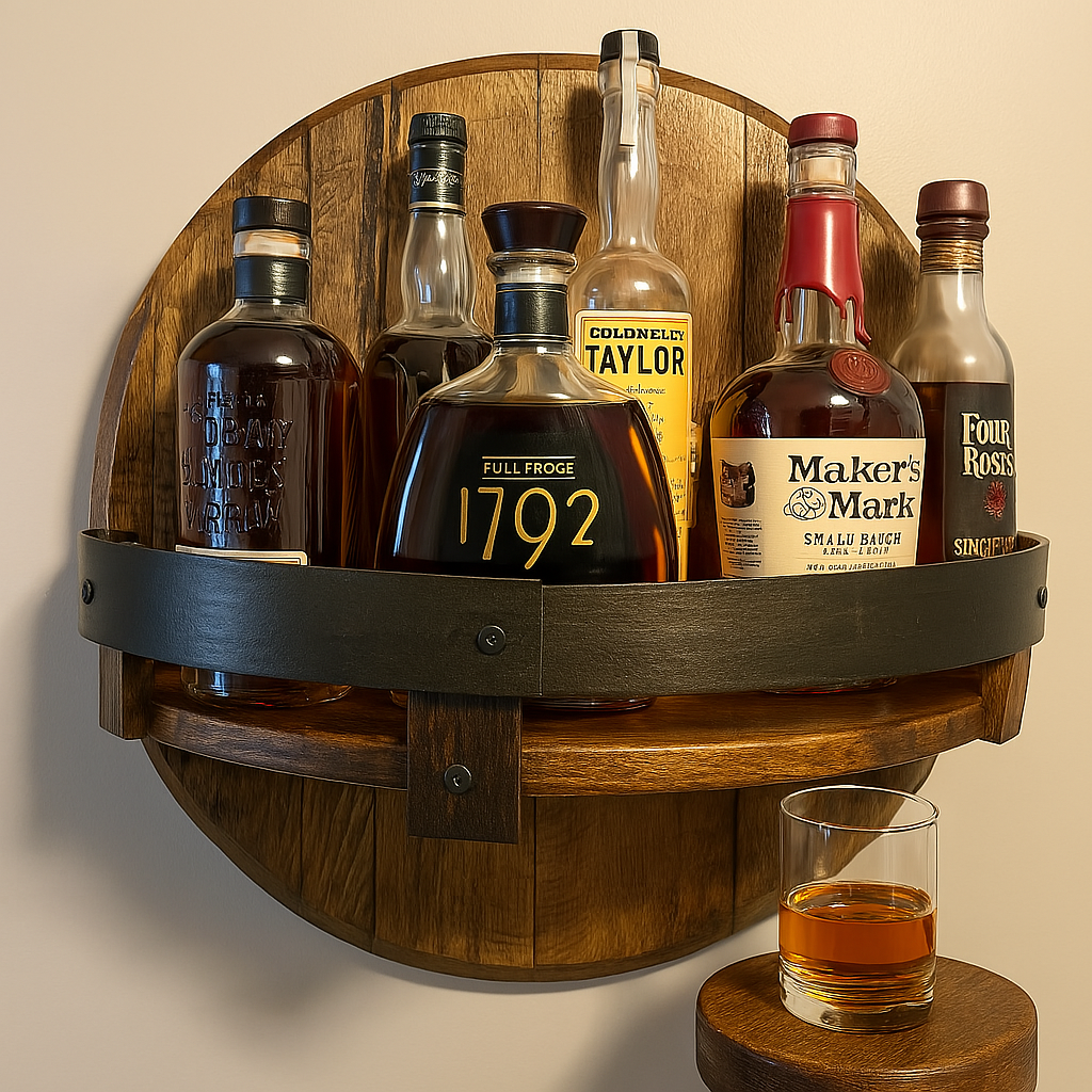 BowLift | Rustic Oak Wall Shelf for Whiskey Bottles