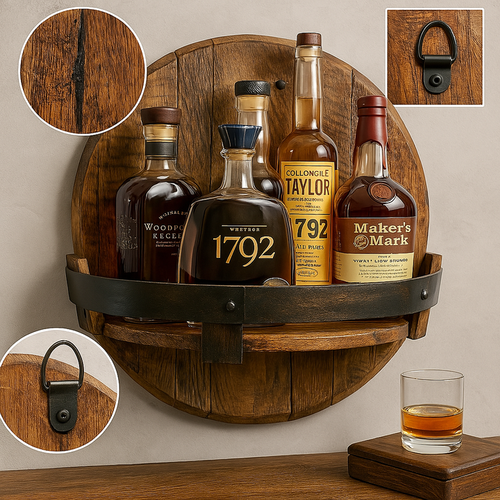 BowLift | Rustic Oak Wall Shelf for Whiskey Bottles