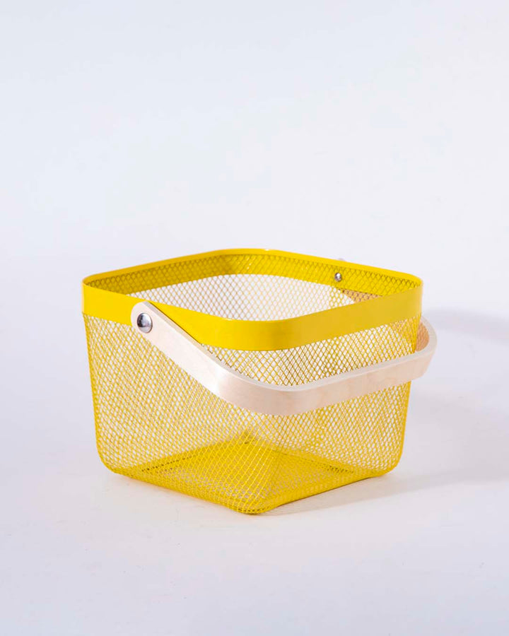 BowLift | Square Metal Storage Basket with Wooden Handle - Yellow - Set of 2