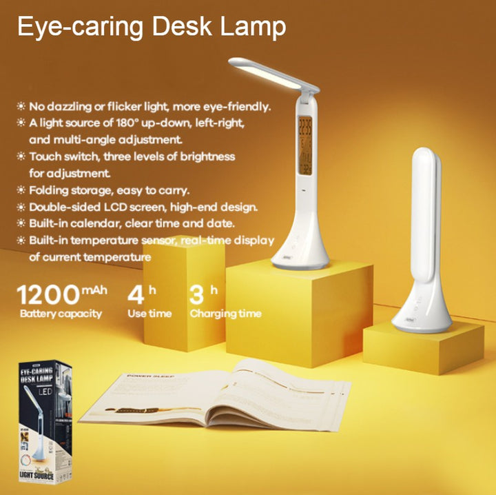 BowLift | Rechargeable Foldable Eye-caring Desk Lamp, with Flicker-free, Adjustable Brightness, Time, Date & Temperature Display