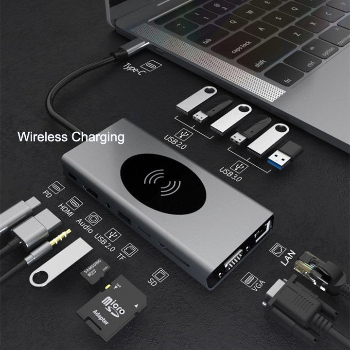 BowLift | Portable 15-in-1 USB C Hub Adapter, with Wireless Charging Board, 4K USB C to HDMI, SD/TF Card Reader and Ethernet