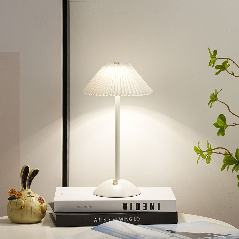 BowLift | Contemporary Scandinavian rechargeable iron fabric cone pleated LED table lamp for bedside