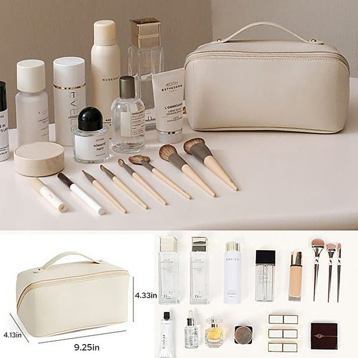 Large Travel Cosmetic Bag with Double-Layer Storage and Water-Resistant PU Leather