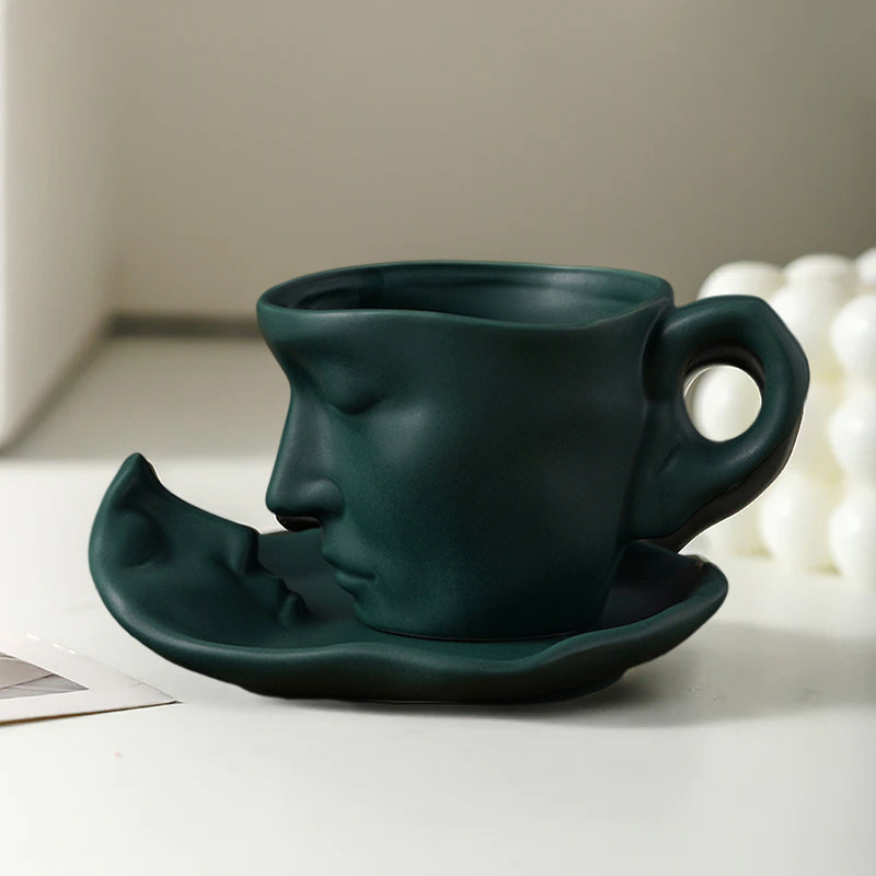 Metal Touching Face Creative Ceramic Kiss Coffee Cup, Artistic Vibe Mug & Saucer Set | Bowlift