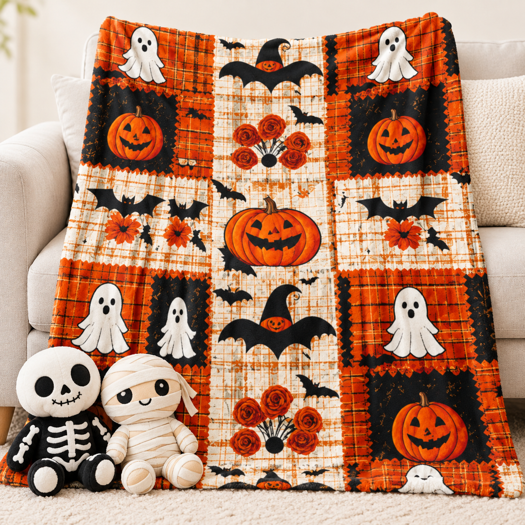 Halloween Patchwork Quilted Plush Throw Blanket Bowlift