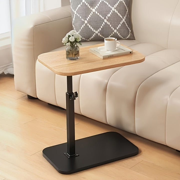 Adjustable Side Table with Natural Wood-Finish Top and Metal Frame for Sofa or Bed