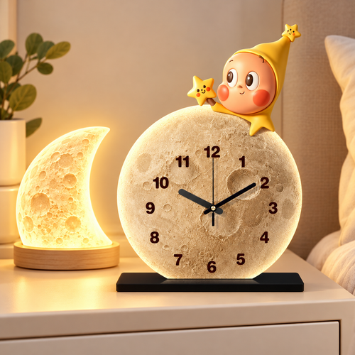 Decorative Moon Table Clock with LED Nightlight and Cute Star Figurine Bowlift