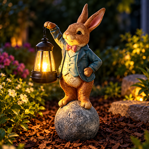 Decorative Resin Garden Rabbit Figurine with Lantern and Stone Base Bowlift