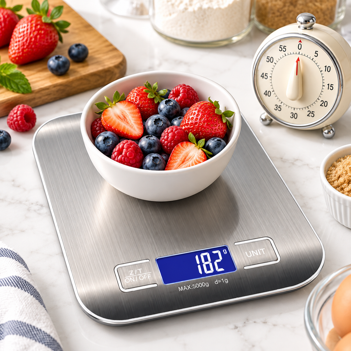 High-Precision Digital Stainless Steel Kitchen Scale with Backlit LCD Tare and Unit Functions Bowlift