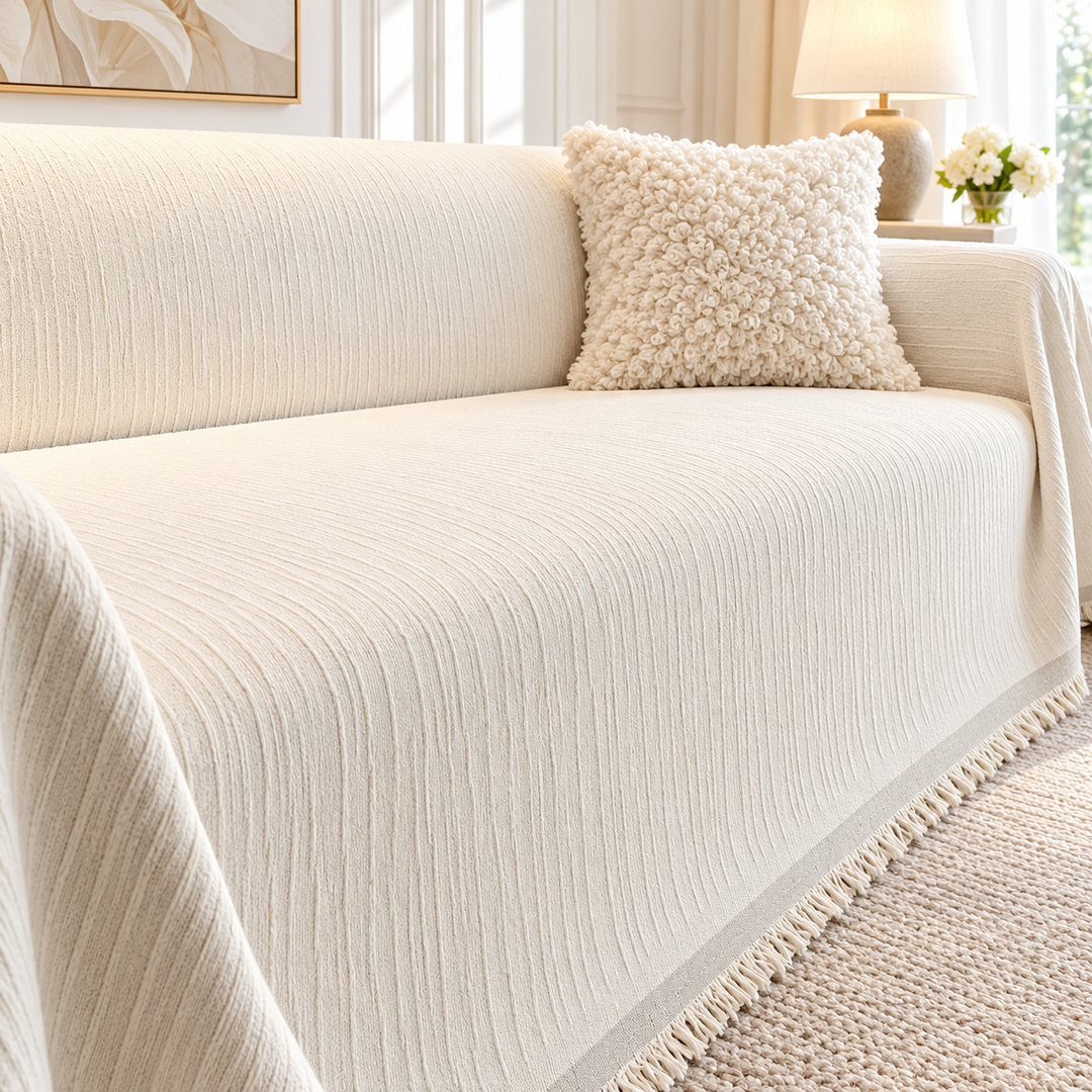 Quilted Textured Sofa Slipcover with Decorative Fringe Bowlift