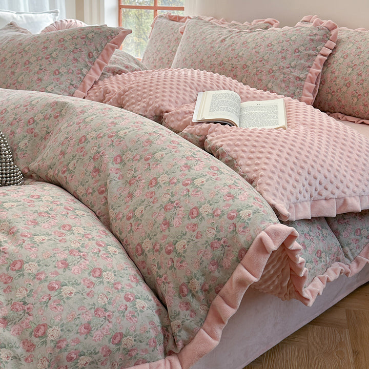 Cotton bedding set, double layer, with fleece inner side