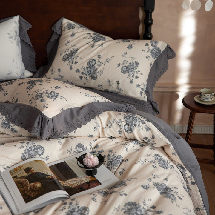 Cotton bed linen with flower print, 4-piece, double gauze