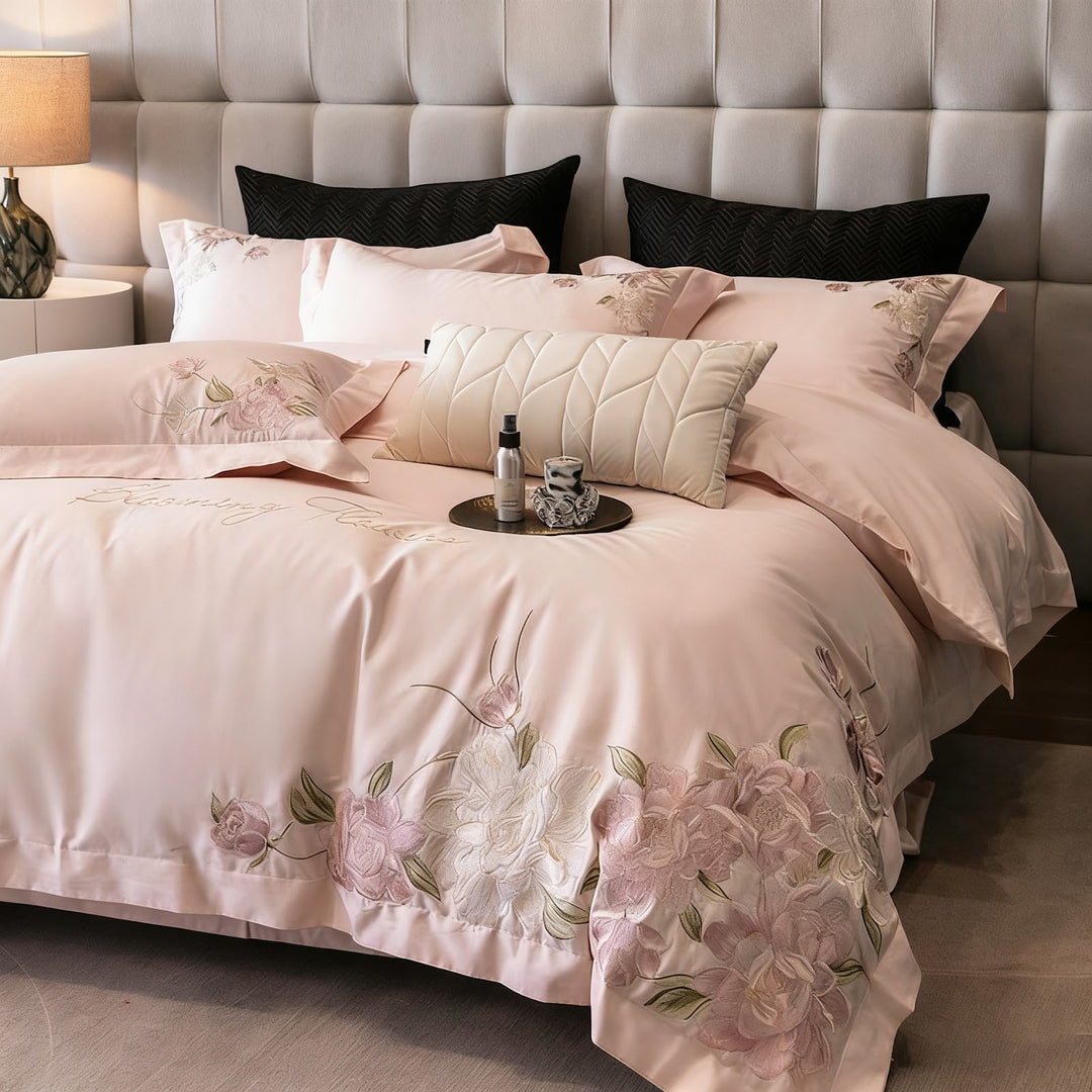 Cotton bed linen, 4-piece, embroidered, satin
