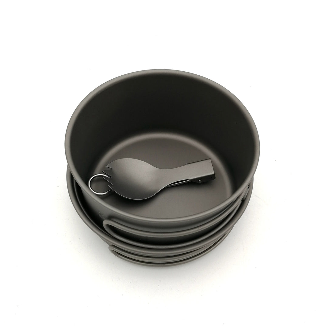 lightweight titanium nesting camping cookware set with folding wire handles Bowlift