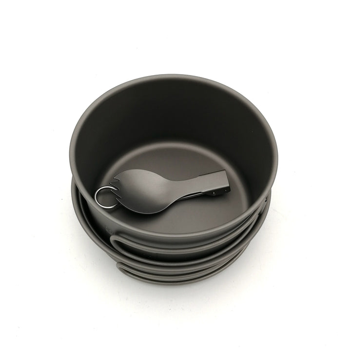 lightweight titanium nesting camping cookware set with folding wire handles Bowlift