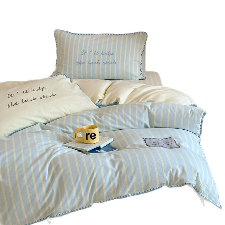Cotton bedding set, striped, with shell hem