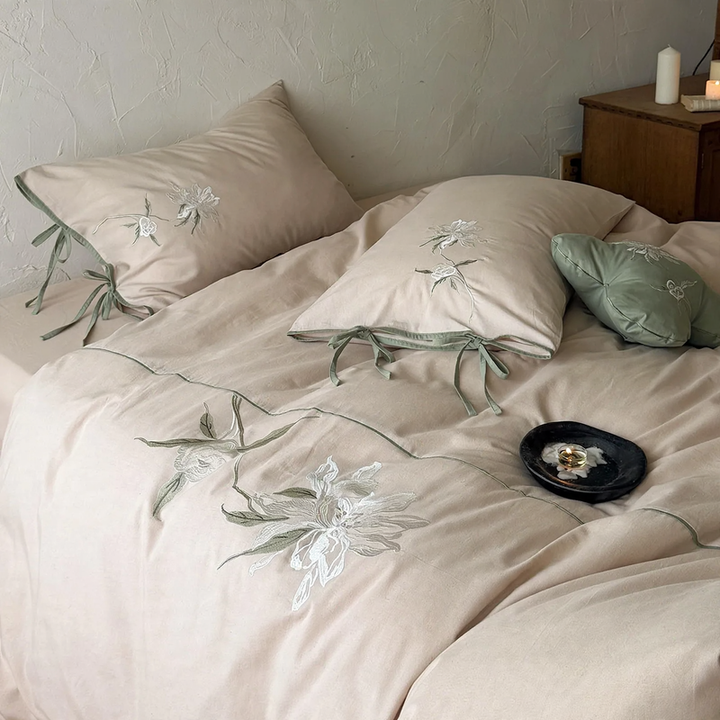 Embroidered cotton-linen bed linen, 4-piece