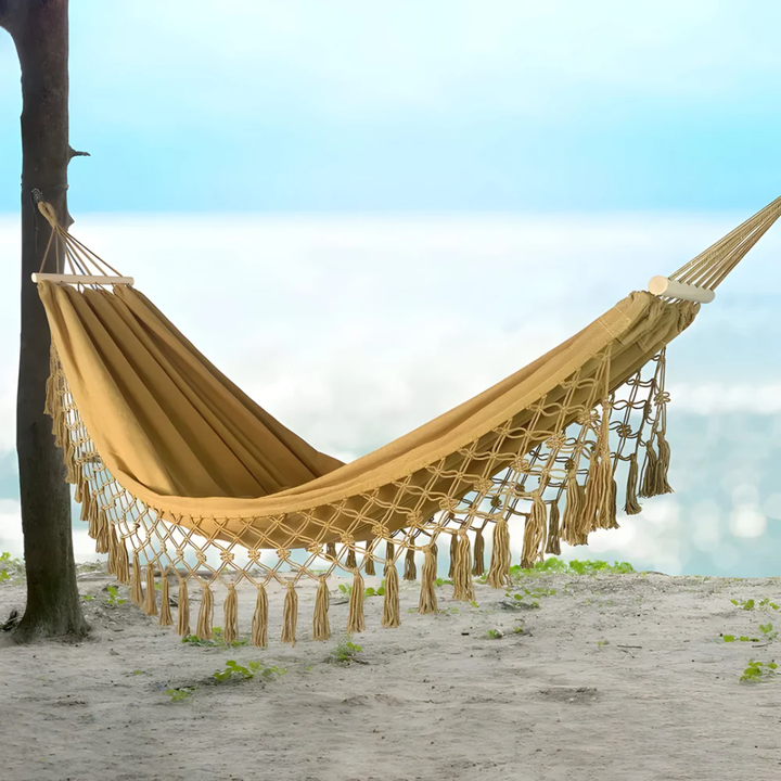 BowLift | Boho Cotton Hammock with Wooden Bars for Indoor Outdoor Use