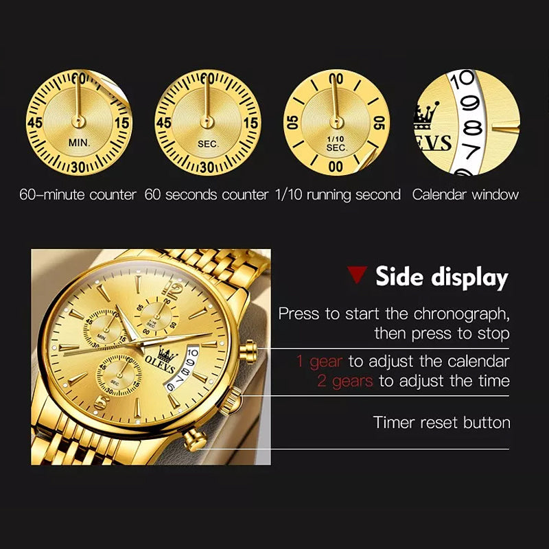 BowLift | Luxury Gold Three-Eye Chronograph Dial Automatic Mechanical Watch