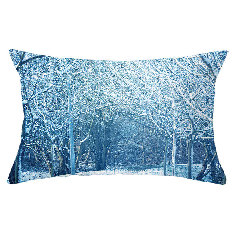 Rectangular Winter Deer Scenic Lumbar Pillow Cover with Linen-Texture and Concealed Zipper