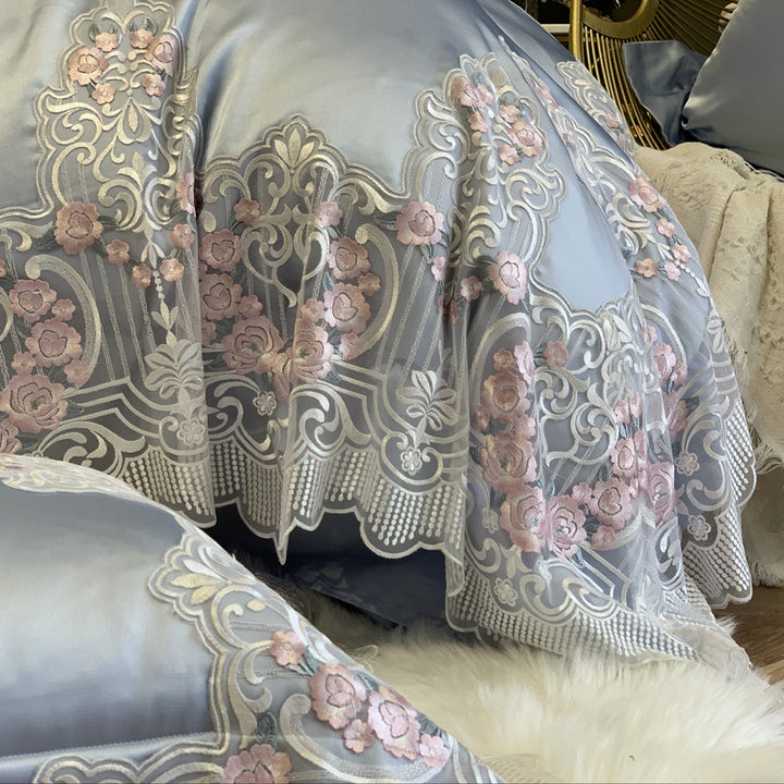 Premium Silky Sateen Embroidered Lace-Trim Duvet Cover & Pillowcase Set