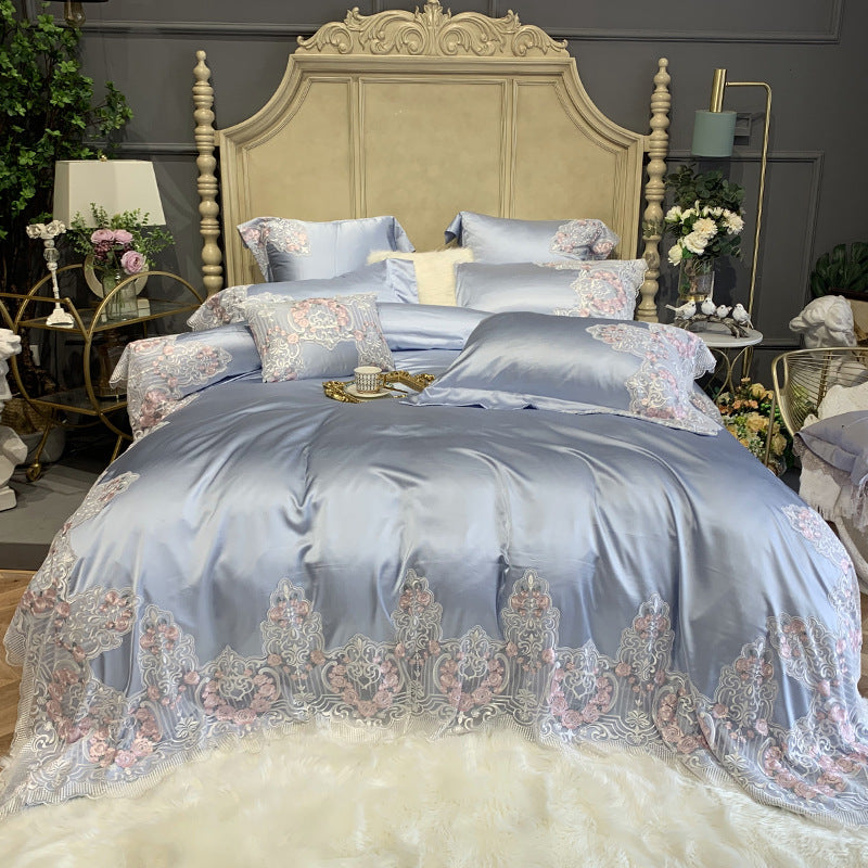 Premium Silky Sateen Embroidered Lace-Trim Duvet Cover & Pillowcase Set