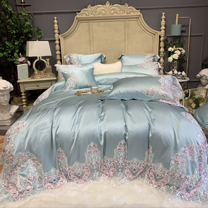 Premium Silky Sateen Embroidered Lace-Trim Duvet Cover & Pillowcase Set