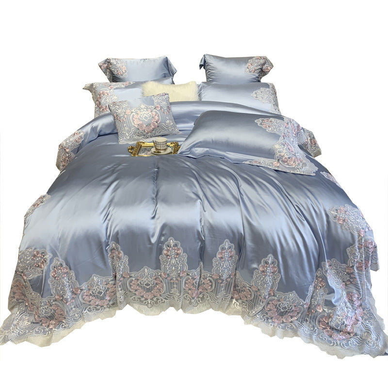 Premium Silky Sateen Embroidered Lace-Trim Duvet Cover & Pillowcase Set