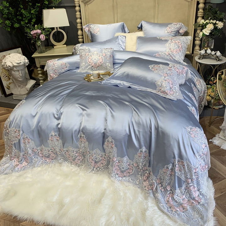 Premium Silky Sateen Embroidered Lace-Trim Duvet Cover & Pillowcase Set