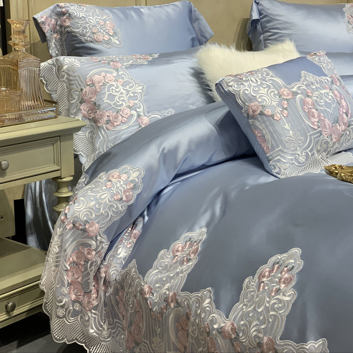Premium Silky Sateen Embroidered Lace-Trim Duvet Cover & Pillowcase Set