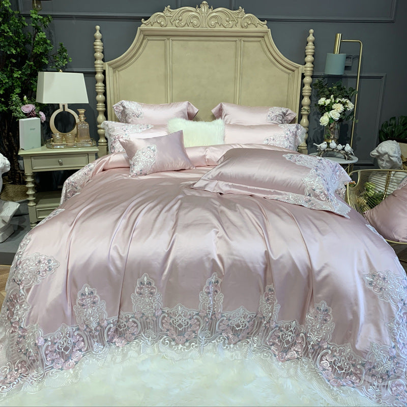 Premium Silky Sateen Embroidered Lace-Trim Duvet Cover & Pillowcase Set