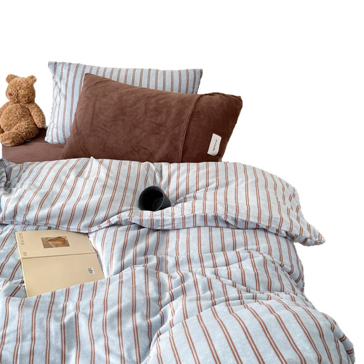 Striped milk fiber fleece bedding set, warming