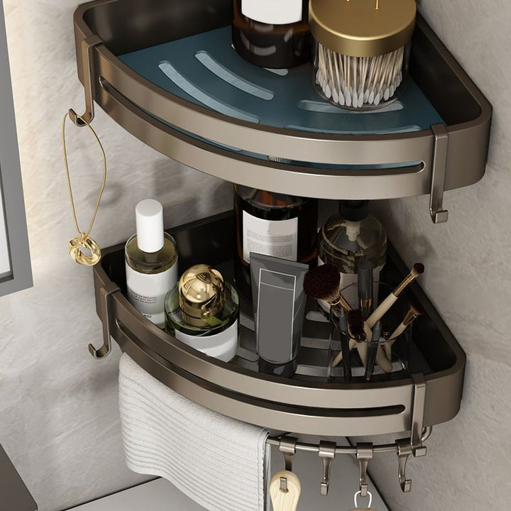 BowLift | Contemporary bathroom accessory set 3-piece bath shelf with hooks