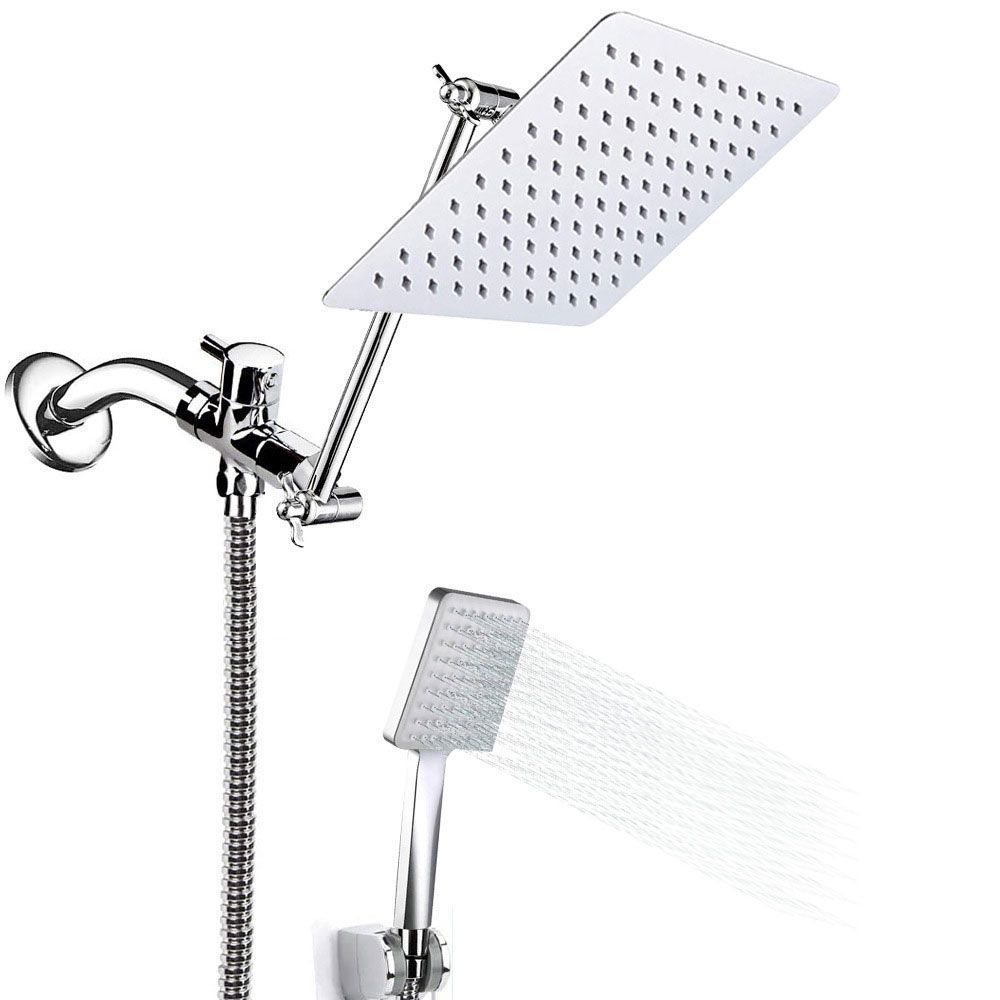 BowLift | Pull down Dual Shower Head Square High Arch Shower Head Combo in Chrome