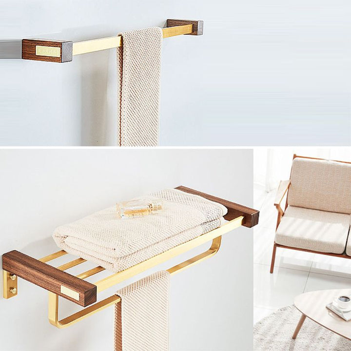 BowLift | 6-piece walnut bathroom accessory set metal gold bath hardware set