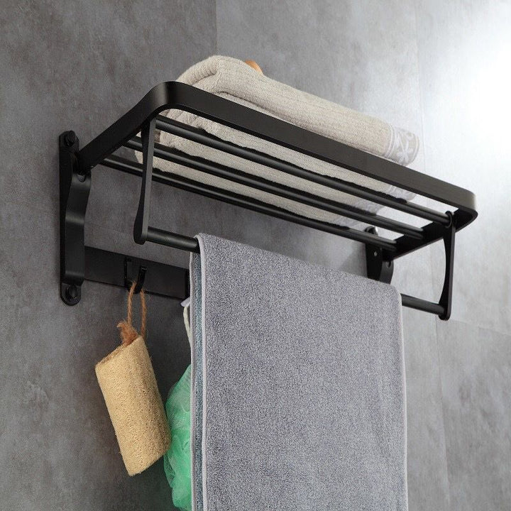 BowLift | 6-piece modern bathroom hardware set in matte black with bathroom shelf/towel holder & bathrobe hooks