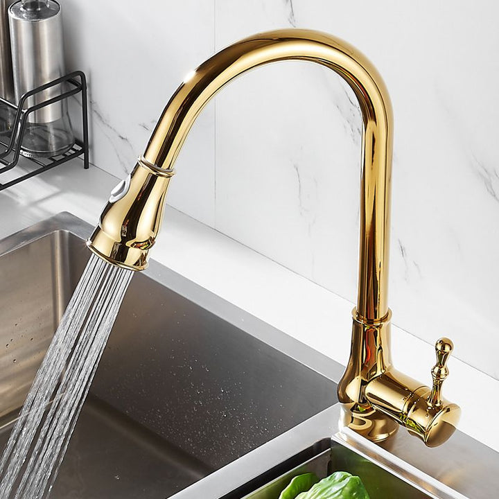 BowLift | Brushed Gold Kitchen Faucet High Arc Swivel Spout with Pull-Down Spray Head