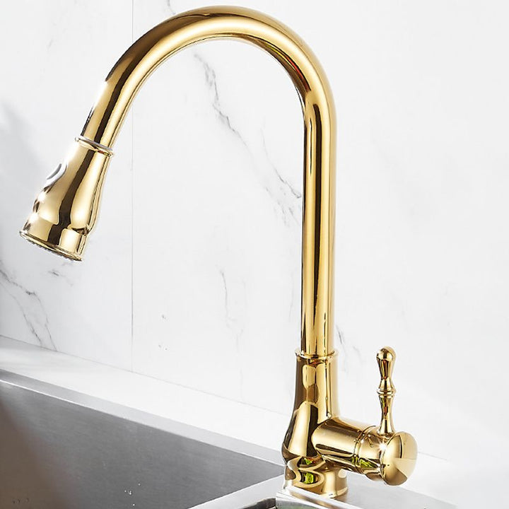 BowLift | Brushed Gold Kitchen Faucet High Arc Swivel Spout with Pull-Down Spray Head