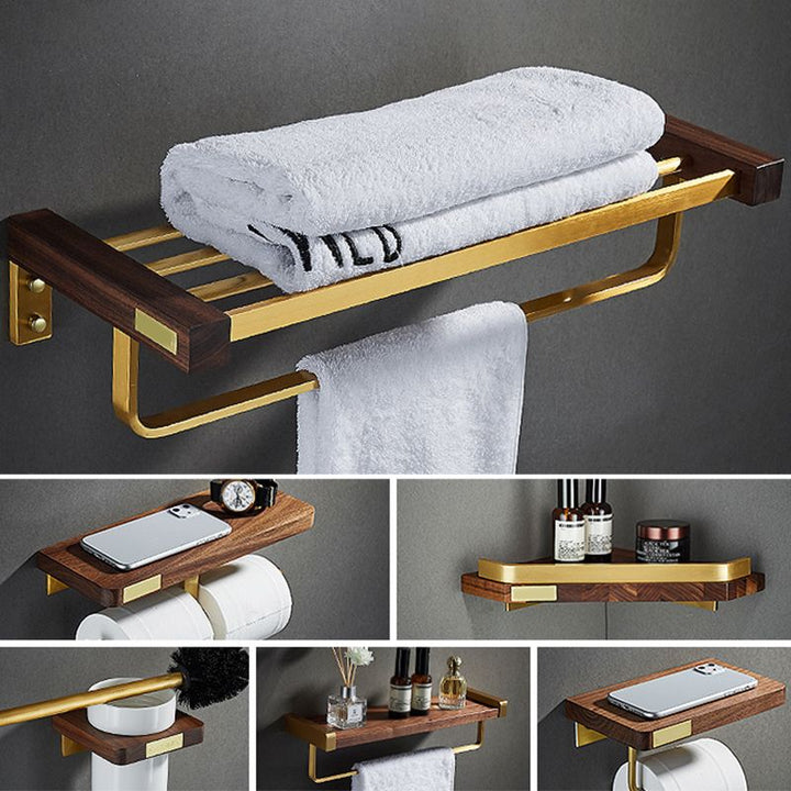 BowLift | 6-piece walnut bathroom accessory set metal gold bath hardware set