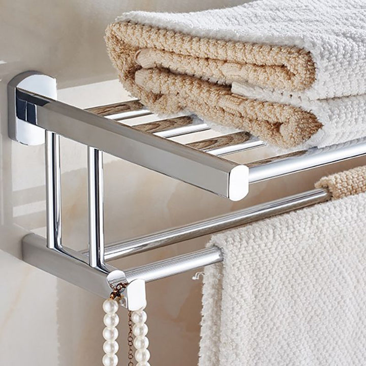 BowLift | Polished Chrome Modern Bathroom Accessory Set Silver Towel Holder/Bath Shelf