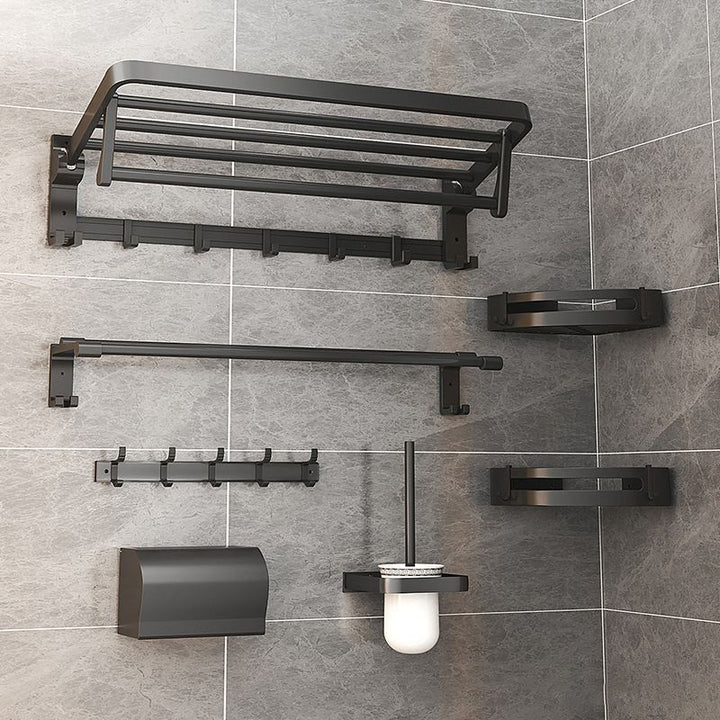BowLift | Modern Matte Black Bathroom Accessory Set with Bath Shelf/Towel Hooks/Towel Bar