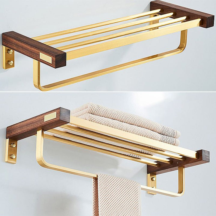 BowLift | 6-piece walnut bathroom accessory set metal gold bath hardware set