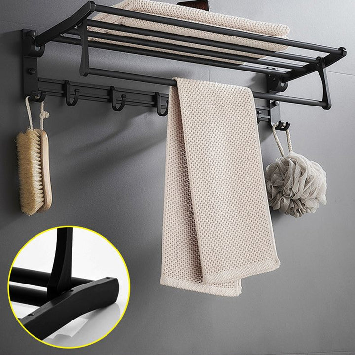 BowLift | 6-piece modern bathroom hardware set in matte black with bathroom shelf/towel holder & bathrobe hooks