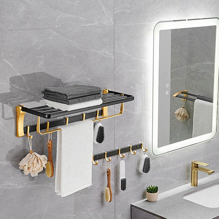 BowLift | Contemporary Bath Accessories Set Black & Golden Bath Shelf/Towel Bar