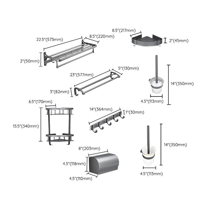BowLift | Gray 6/7-piece modern bathroom accessory set bathroom shelf/bath towel hooks/towel bar included