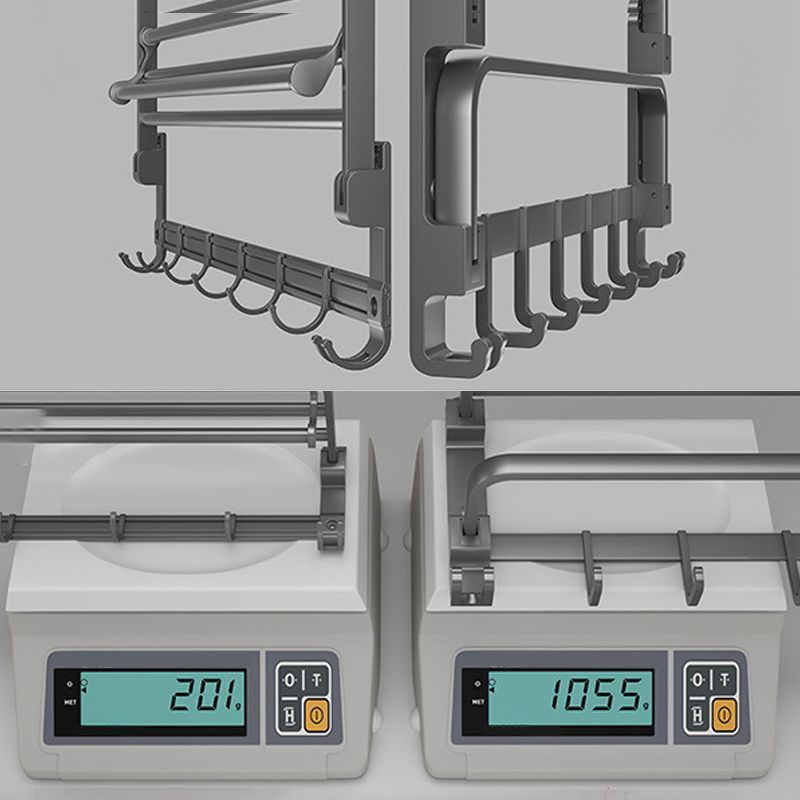 BowLift | Modern gray bathroom hardware set with bath shelf/towel holder/robe hook/toilet paper holder