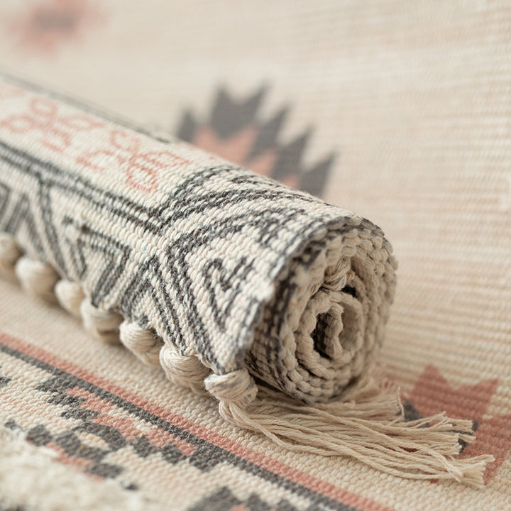 Flat-woven cotton runner in Kilim-Ethno design with fringes Bowlift