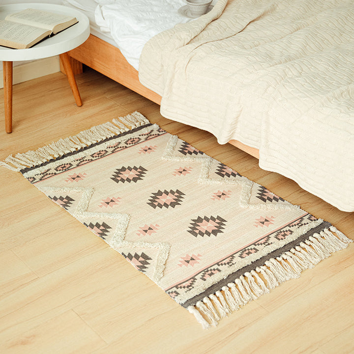 Flat-woven cotton runner in Kilim-Ethno design with fringes Bowlift