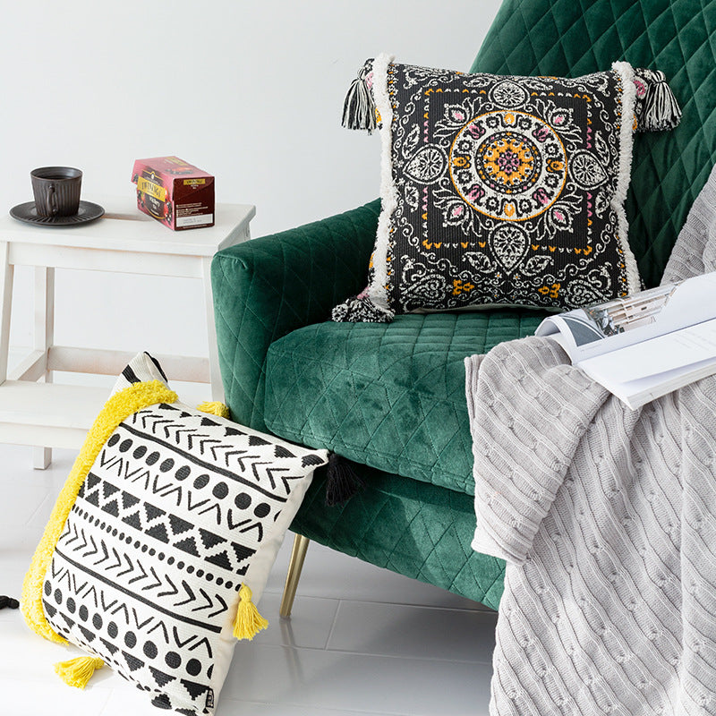 Square cushion cover with 3D alpaca appliqué, bouclé patch and pom-pom corners Bowlift