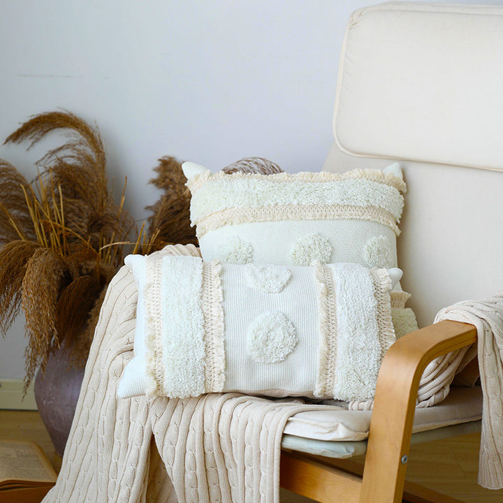 Decorative woven cushion cover with tufted circle applications and textured cotton surface Bowlift